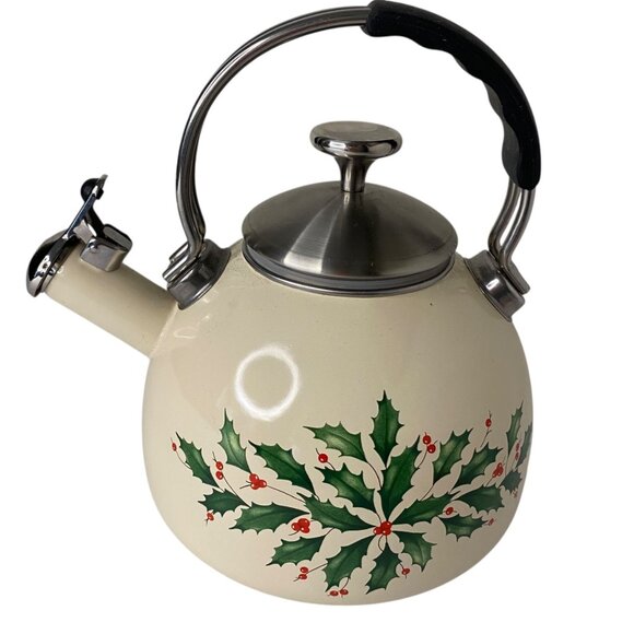 Lenox Holiday Holly Tea Whistling Kettle 2.5 Qt Cream Enamel Christmas Decor - Picture 1 of 7